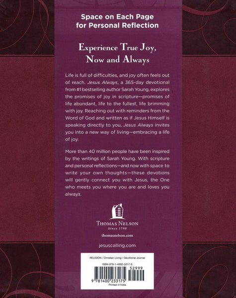 Jesus Always Note-Taking Edition, Leathersoft, Burgundy, with Full Scriptures: Embracing Joy in His Presence (a 365-Day Devotional)