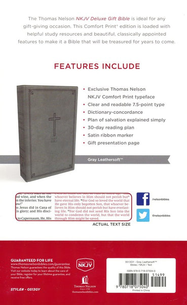 NKJV Deluxe Gift Bible (Comfort Print) - Gray Leathersoft | Presentation Page, Red Letter, Maps, Concordance