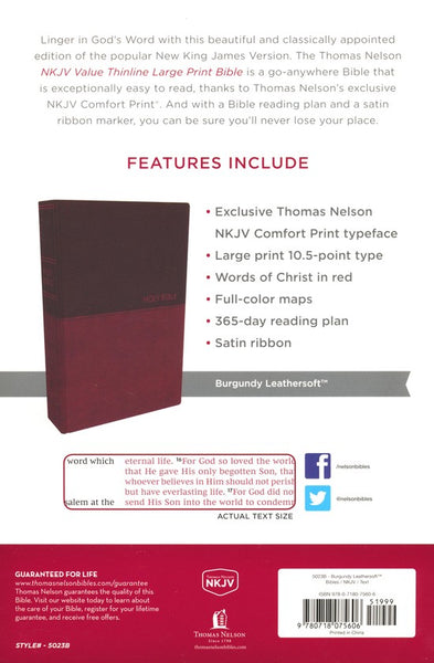 NKJV Value Thinline Bible/Large Print (Comfort Print)-Burgundy Leathersoft