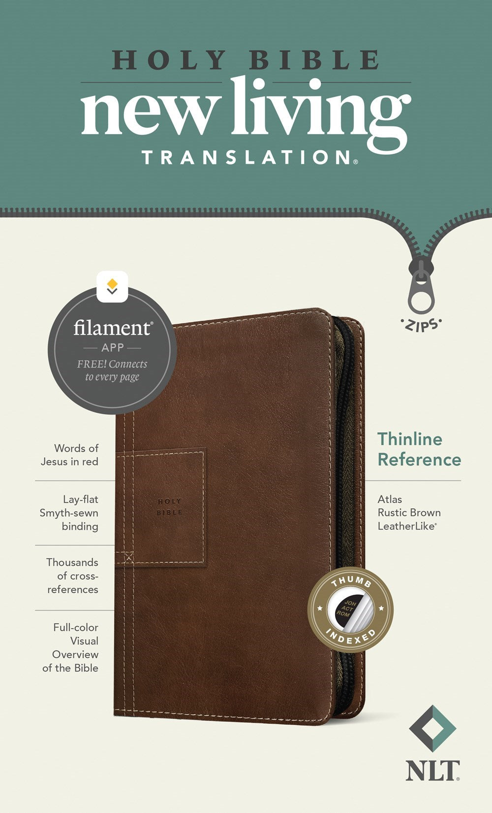 NLT Thinline Reference Zipper Bible Filament Enabled Edition-Atlas Rustic Brown LeatherLike Indexed