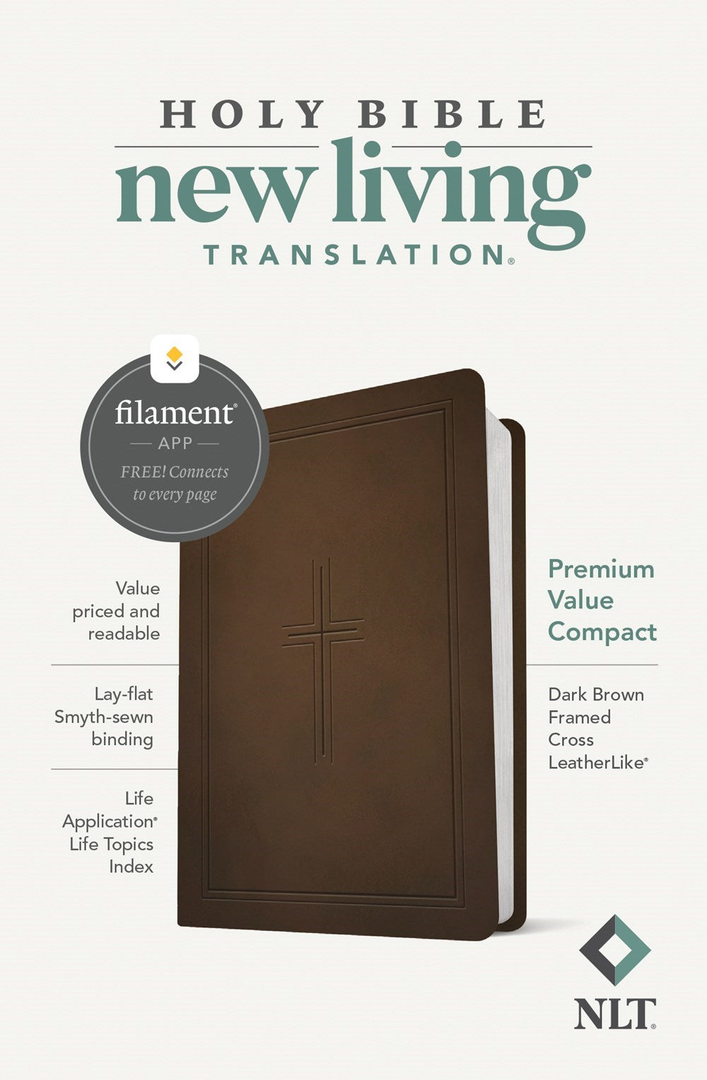 NLT Premium Value Compact Bible Filament Enabled-Dark Brown Framed Cross LeatherLike