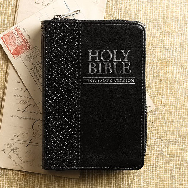 KJV Holy Bible, Mini Pocket Bible – Zippered Black Faux Leather Bible w/Ribbon Marker, King James Version