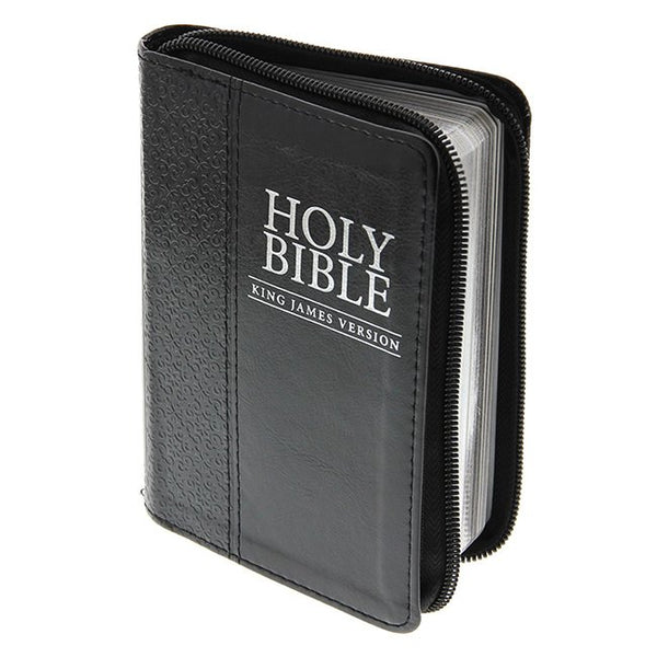 KJV Holy Bible, Mini Pocket Bible – Zippered Black Faux Leather Bible w/Ribbon Marker, King James Version