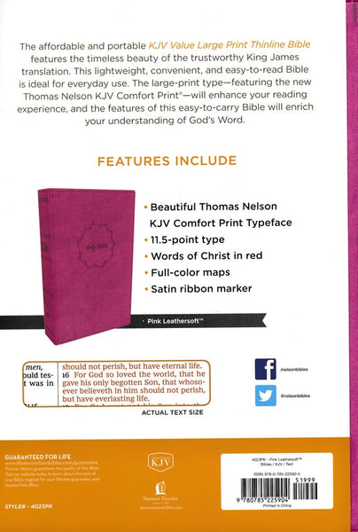 KJV Value Thinline Bible/Large Print (Comfort Print)-Pink Leathersoft