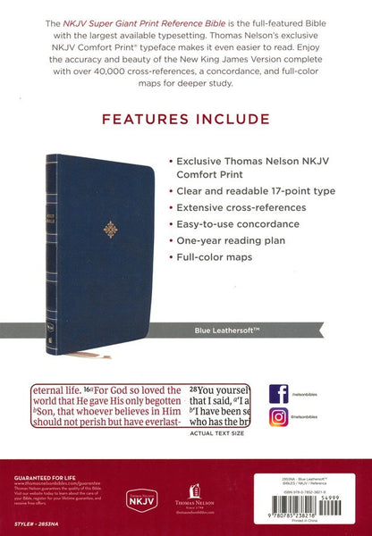 NKJV Super Giant Print Reference Bible, Blue Leathersoft - 17-Point Comfort Print, Cross-References, Concordance, Maps - Holy Bible New King James Version