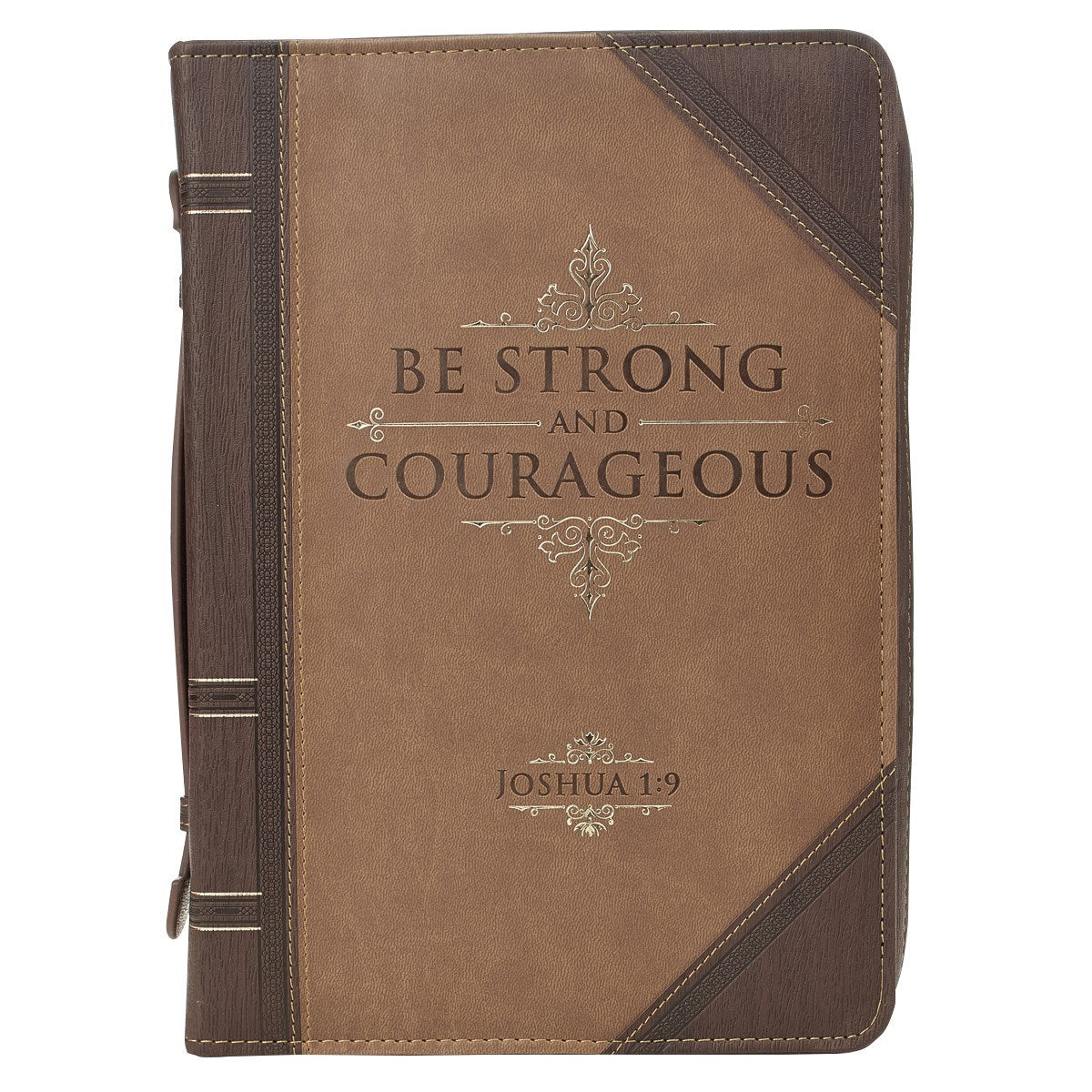 Bible Cover-Classic Luxleather-Be Strong And Courageous-Brown/Tan-MED