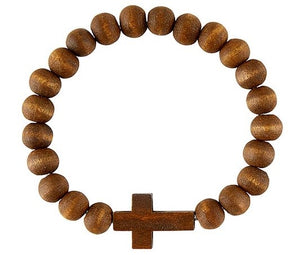 Bracelet-Wood Bead w/Cross-Stretch-Brown (7.5")