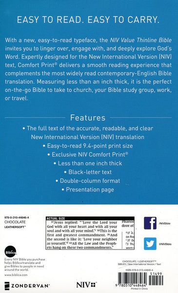 NIV Value Thinline Bible (Comfort Print)-Chocolate Leathersoft