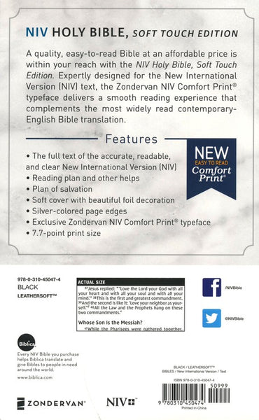 NIV Holy Bible/Soft Touch Edition (Comfort Print)-Black LeatherSoft