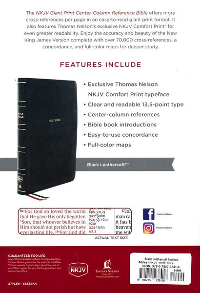 NKJV Holy Bible, Giant Print Center-Column Reference Bible, Black Leathersoft, Thumb Indexed, 72,000+ Cross References, Red Letter, Comfort Print: New King James Version