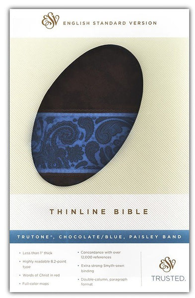 ESV Thinline Bible-Chocolate/Blue Paisley Band Design TruTone