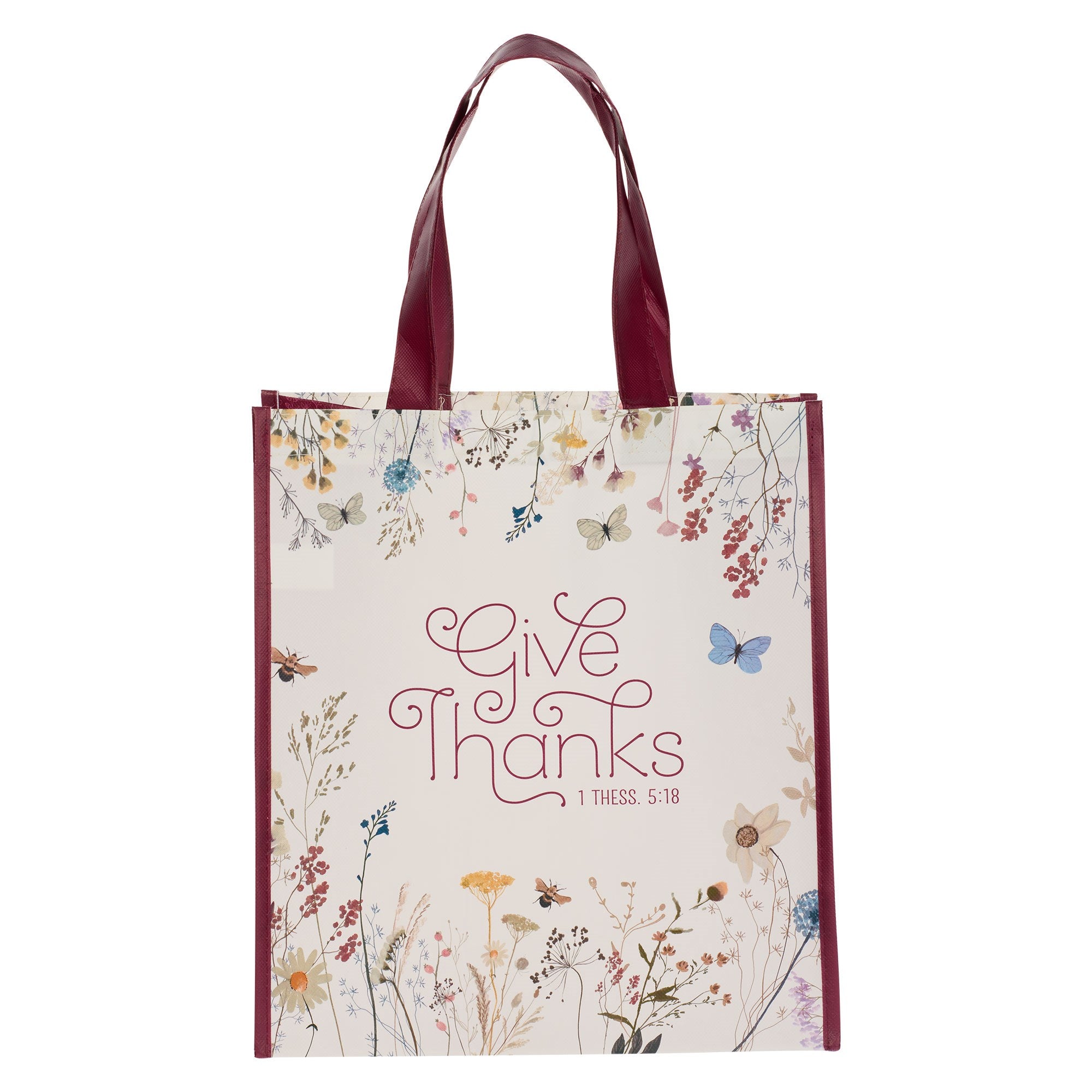 Tote Bag-Give Thanks-Burgundy/White Floral