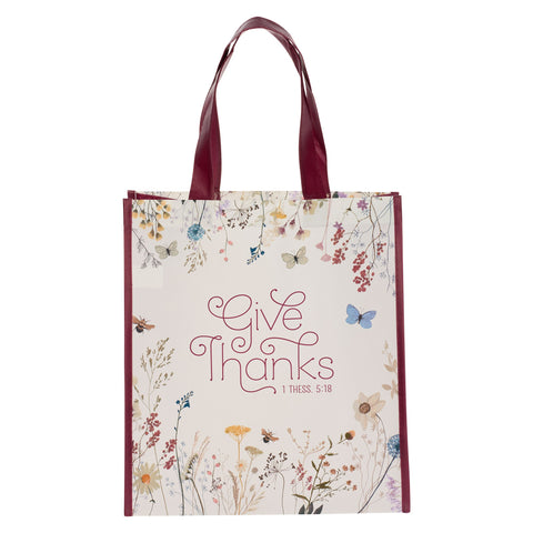 Tote Bag-Give Thanks-Burgundy/White Floral