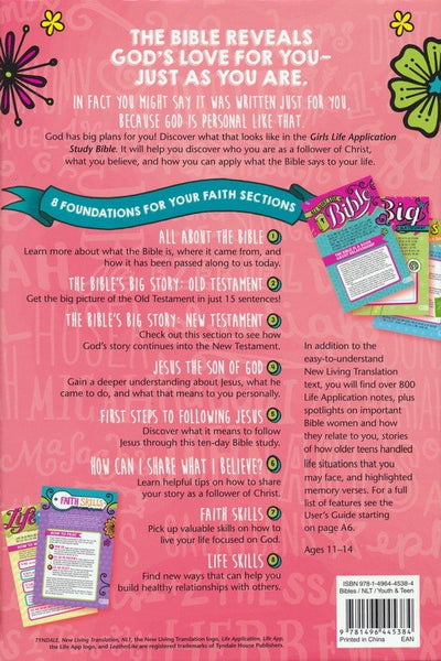 NLT Girls Life Application Study Bible, LeatherLike Teal/Pink Flowers | Life Application Notes, Full-Color Sections, Foundations for Faith, ECPA Award Finalist