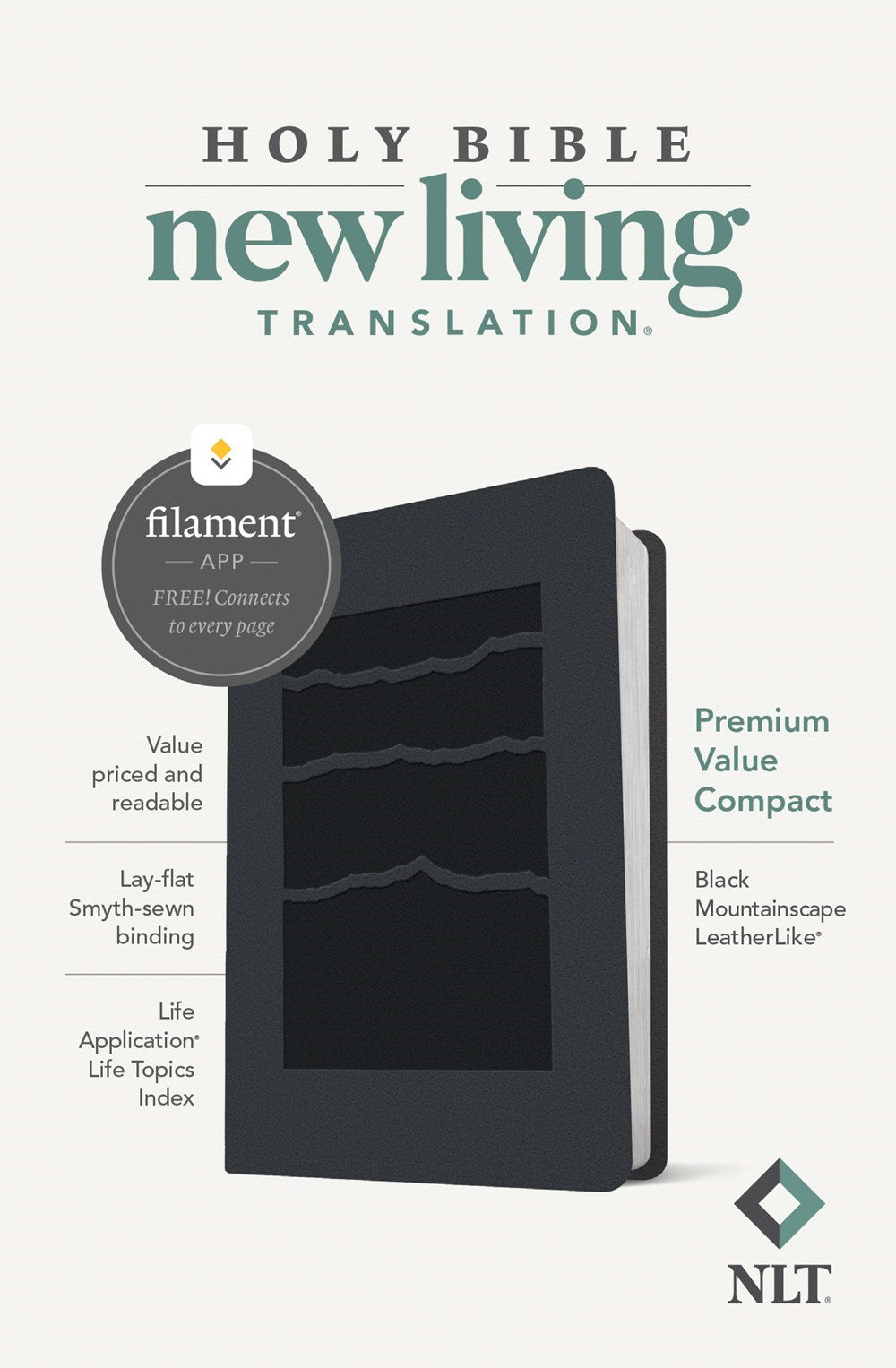 NLT Premium Value Compact Bible: Filament-Enabled Edition with Study and Devotional App (LeatherLike, Black Mountainscape Edition)