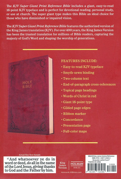 KJV Super Giant Print Reference Bible, Burgundy LeatherTouch, Red Letter, Pure Cambridge Text, Presentation Page, Cross-References, Full-Color Maps, Easy-to-Read Bible MCM Type