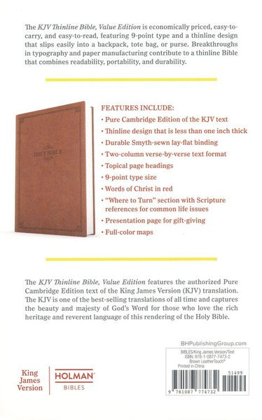 KJV Thinline Bible, Brown LeatherTouch, Value Edition, Red Letter, Pure Cambridge Text, Presentation Page, Full-Color Maps, Easy-to-Read Bible MCM Type