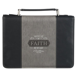 Bible Cover-Walk by Faith-2 Corinthians 5:7-Two-Tone Black-LRG