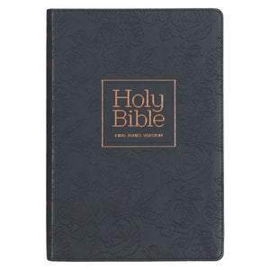 KJV Large Print Thinline Bible-Black Floral Faux Leather