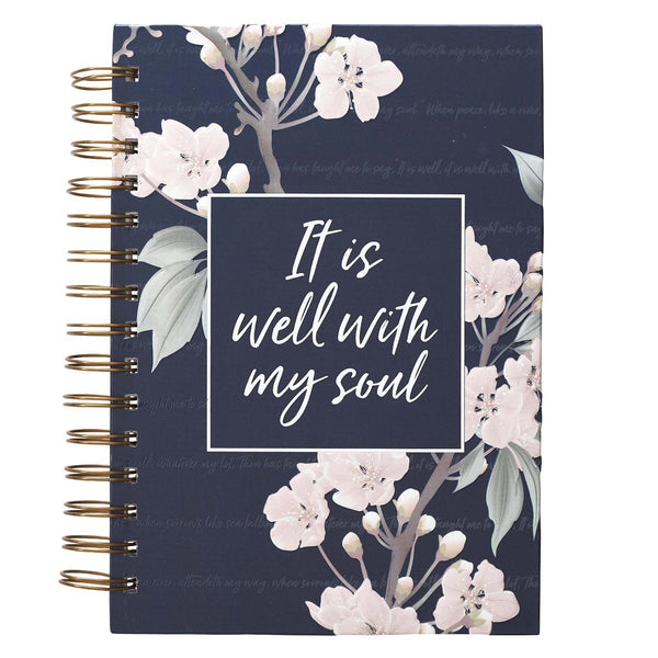 Inspirational Spiral Journal Notebook for Women It is Well Navy Blue Floral Wire Bound w/192 Ruled Pages, Large Hardcover, With Love