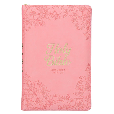 KJV Deluxe Gift Bible-Pink Floral Faux Leather w/Zipper